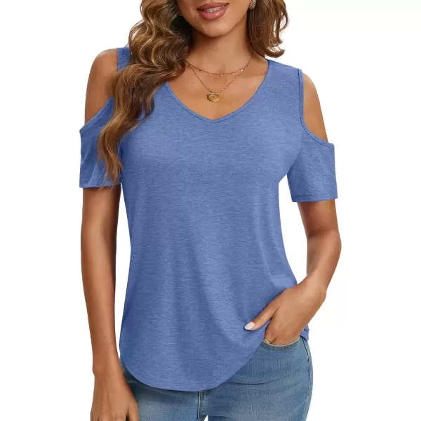 imageATHMILE Women Tops Cute Open Shoulder Blouse Summer Short Sleeve Tee ShirtBlue