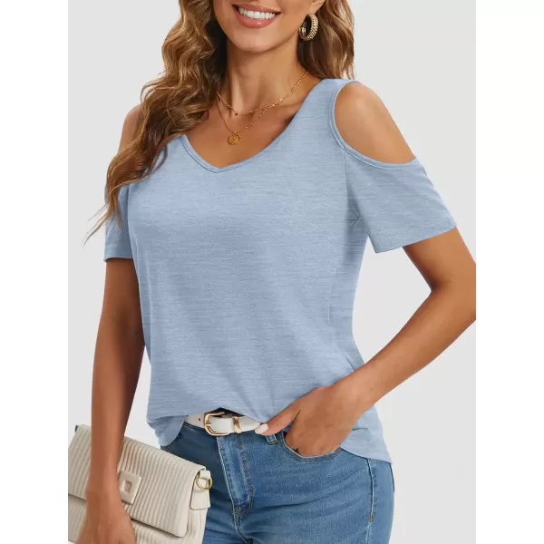 imageATHMILE Women Tops Cute Open Shoulder Blouse Summer Short Sleeve Tee ShirtIce Blue