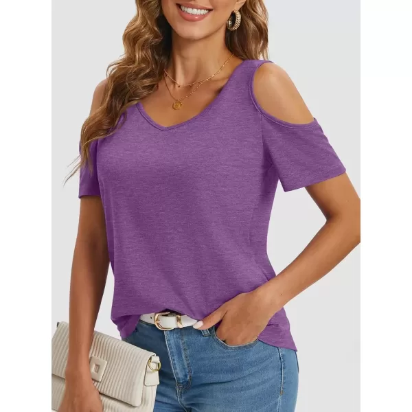 imageATHMILE Women Tops Cute Open Shoulder Blouse Summer Short Sleeve Tee ShirtPurple