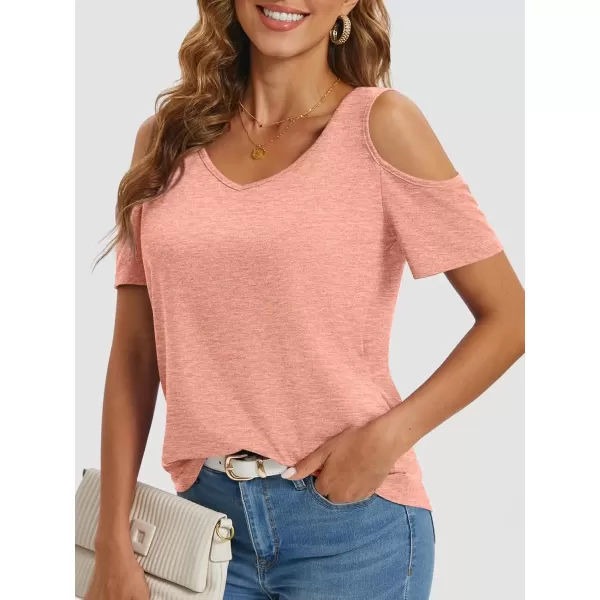 imageATHMILE Women Tops Cute Open Shoulder Blouse Summer Short Sleeve Tee ShirtPink