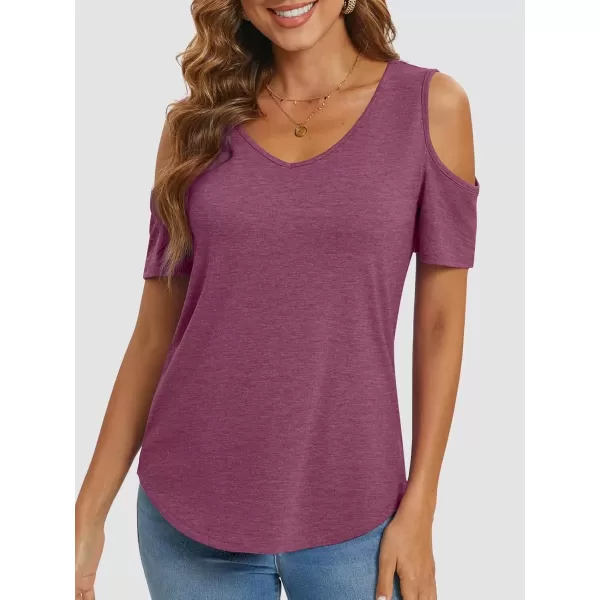 imageATHMILE Women Tops Cute Open Shoulder Blouse Summer Short Sleeve Tee ShirtPurple Red