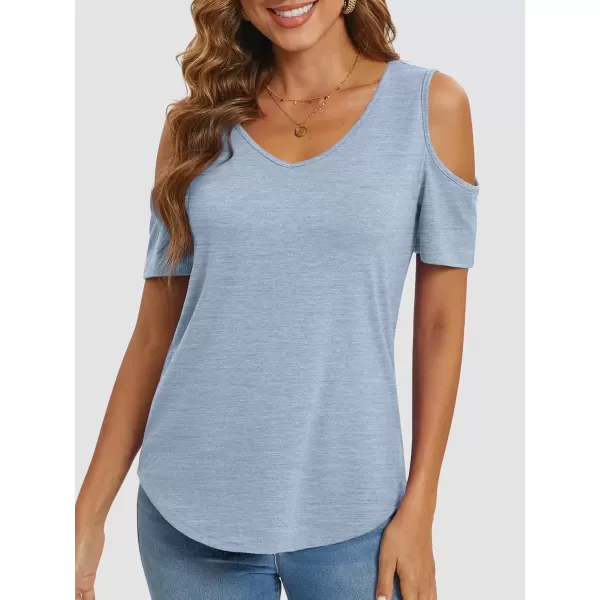 imageATHMILE Women Tops Cute Open Shoulder Blouse Summer Short Sleeve Tee ShirtIce Blue
