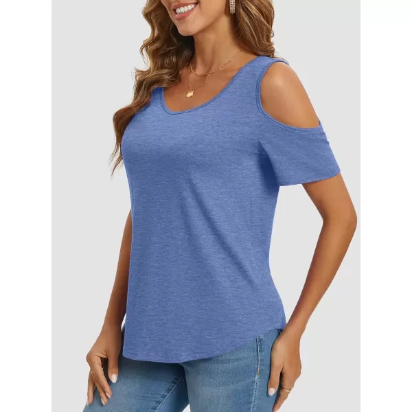 imageATHMILE Women Tops Cute Open Shoulder Blouse Summer Short Sleeve Tee ShirtBlue