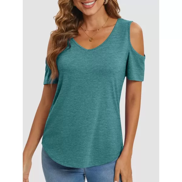 imageATHMILE Women Tops Cute Open Shoulder Blouse Summer Short Sleeve Tee ShirtBlue Green