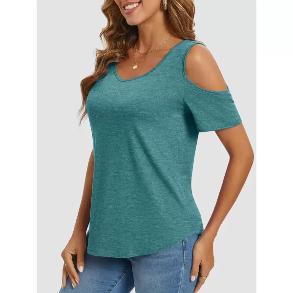 imageATHMILE Women Tops Cute Open Shoulder Blouse Summer Short Sleeve Tee ShirtBlue Green