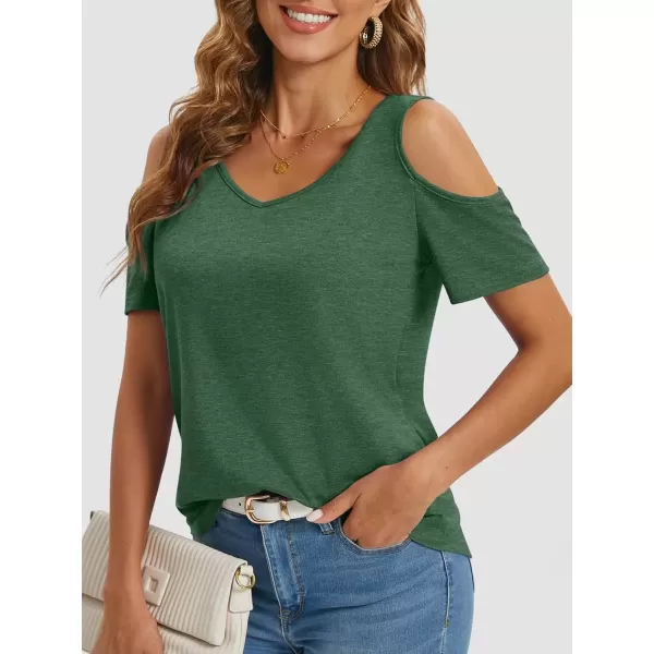 imageATHMILE Women Tops Cute Open Shoulder Blouse Summer Short Sleeve Tee ShirtDark Green