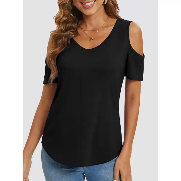 imageATHMILE Women Tops Cute Open Shoulder Blouse Summer Short Sleeve Tee ShirtBlack
