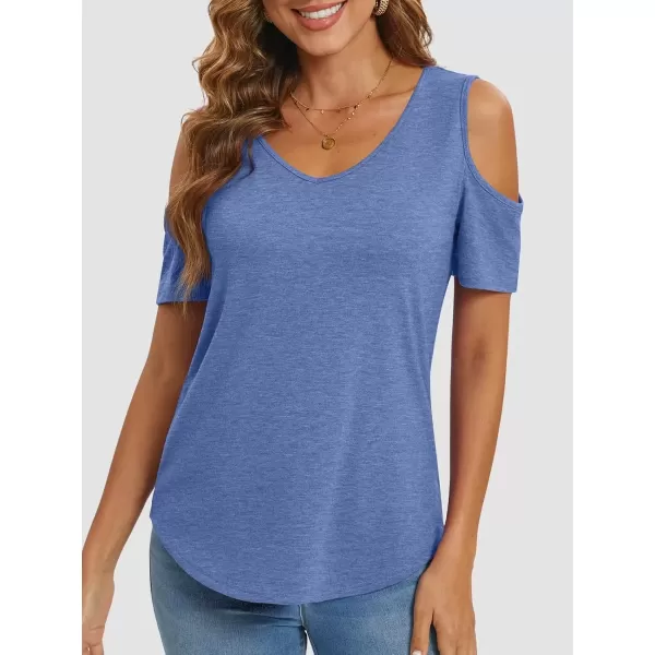 imageATHMILE Women Tops Cute Open Shoulder Blouse Summer Short Sleeve Tee ShirtBlue