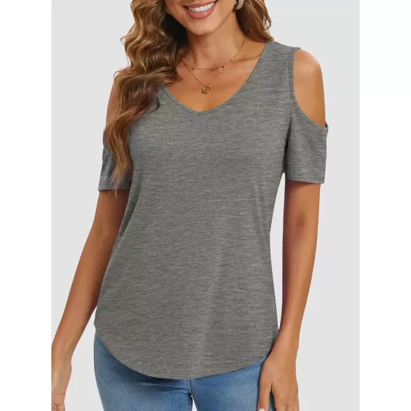 imageATHMILE Women Tops Cute Open Shoulder Blouse Summer Short Sleeve Tee ShirtGray