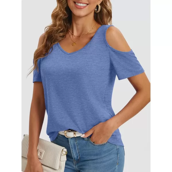 imageATHMILE Women Tops Cute Open Shoulder Blouse Summer Short Sleeve Tee ShirtBlue