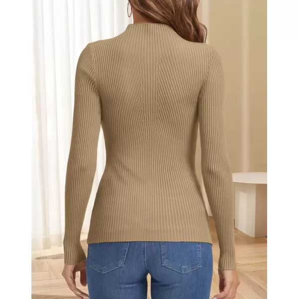 imageATHMILE Womens 2024 Fall Long Sleeve Pullover Ribbed Knit Sweater Low Mock Neck Slim Fit Basic Casual Tee TopsToffee
