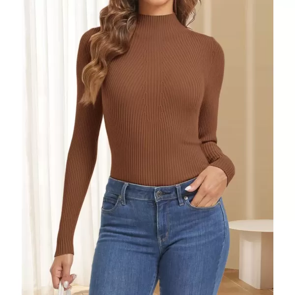 imageATHMILE Womens 2024 Fall Long Sleeve Pullover Ribbed Knit Sweater Low Mock Neck Slim Fit Basic Casual Tee TopsBrown
