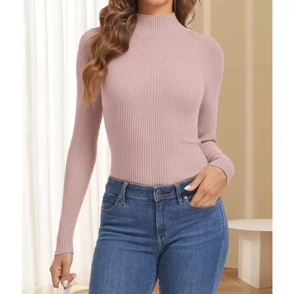 imageATHMILE Womens 2024 Fall Long Sleeve Pullover Ribbed Knit Sweater Low Mock Neck Slim Fit Basic Casual Tee TopsPink