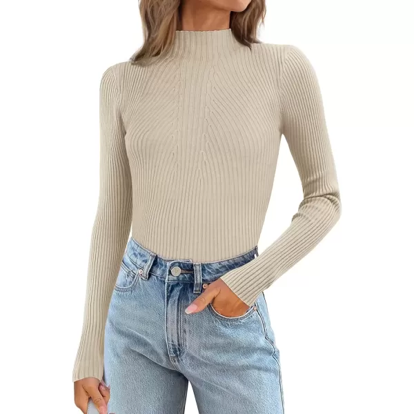 imageATHMILE Womens 2024 Fall Long Sleeve Pullover Ribbed Knit Sweater Low Mock Neck Slim Fit Basic Casual Tee TopsAlmond