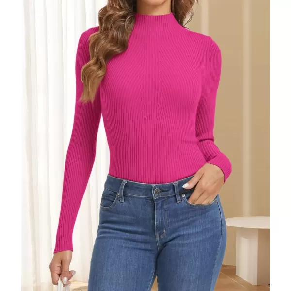 imageATHMILE Womens 2024 Fall Long Sleeve Pullover Ribbed Knit Sweater Low Mock Neck Slim Fit Basic Casual Tee TopsRose Red