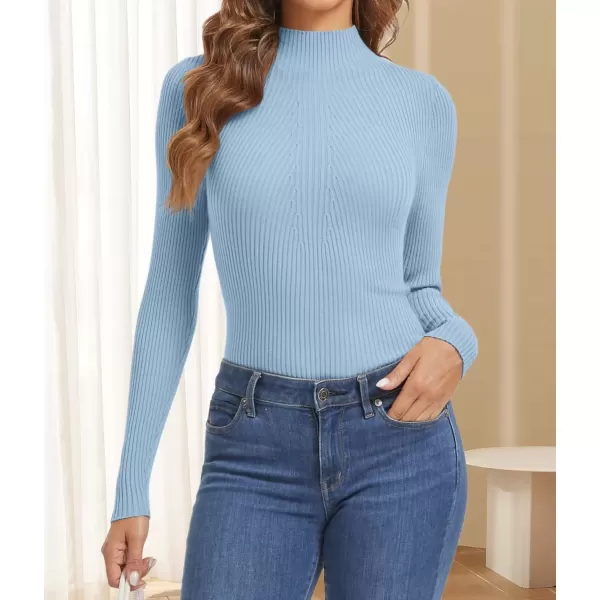 imageATHMILE Womens 2024 Fall Long Sleeve Pullover Ribbed Knit Sweater Low Mock Neck Slim Fit Basic Casual Tee TopsSky Blue