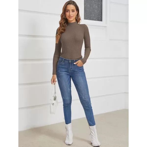 imageATHMILE Womens 2024 Fall Long Sleeve Pullover Ribbed Knit Sweater Low Mock Neck Slim Fit Basic Casual Tee TopsCoffee