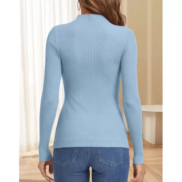 imageATHMILE Womens 2024 Fall Long Sleeve Pullover Ribbed Knit Sweater Low Mock Neck Slim Fit Basic Casual Tee TopsSky Blue