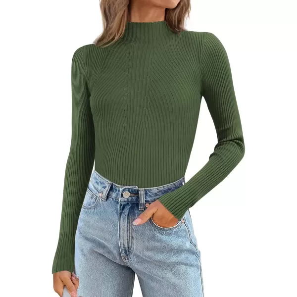 imageATHMILE Womens 2024 Fall Long Sleeve Pullover Ribbed Knit Sweater Low Mock Neck Slim Fit Basic Casual Tee TopsArmy Green