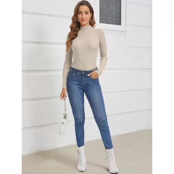 imageATHMILE Womens 2024 Fall Long Sleeve Pullover Ribbed Knit Sweater Low Mock Neck Slim Fit Basic Casual Tee TopsAlmond