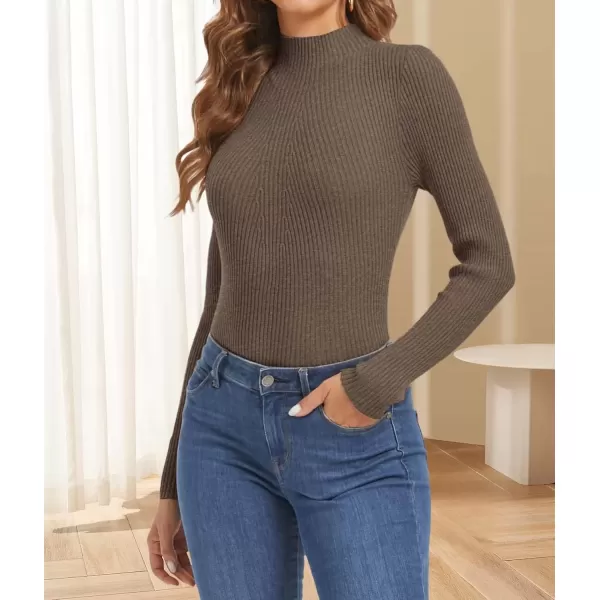 imageATHMILE Womens 2024 Fall Long Sleeve Pullover Ribbed Knit Sweater Low Mock Neck Slim Fit Basic Casual Tee TopsCoffee