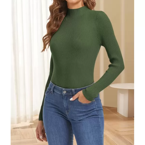 imageATHMILE Womens 2024 Fall Long Sleeve Pullover Ribbed Knit Sweater Low Mock Neck Slim Fit Basic Casual Tee TopsArmy Green