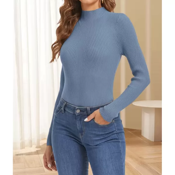 imageATHMILE Womens 2024 Fall Long Sleeve Pullover Ribbed Knit Sweater Low Mock Neck Slim Fit Basic Casual Tee TopsDusty Blue