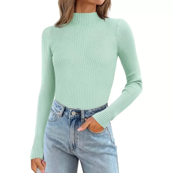 imageATHMILE Womens 2024 Fall Long Sleeve Pullover Ribbed Knit Sweater Low Mock Neck Slim Fit Basic Casual Tee TopsMint Green