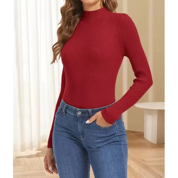 imageATHMILE Womens 2024 Fall Long Sleeve Pullover Ribbed Knit Sweater Low Mock Neck Slim Fit Basic Casual Tee TopsRed