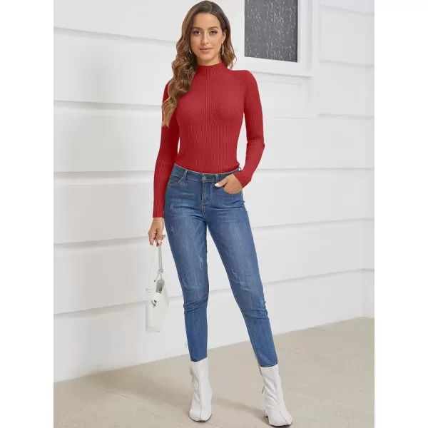 imageATHMILE Womens 2024 Fall Long Sleeve Pullover Ribbed Knit Sweater Low Mock Neck Slim Fit Basic Casual Tee TopsRed