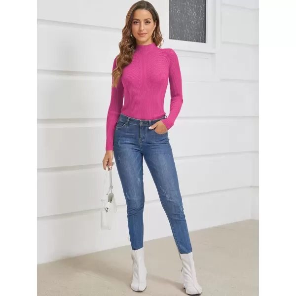 imageATHMILE Womens 2024 Fall Long Sleeve Pullover Ribbed Knit Sweater Low Mock Neck Slim Fit Basic Casual Tee TopsRose Red
