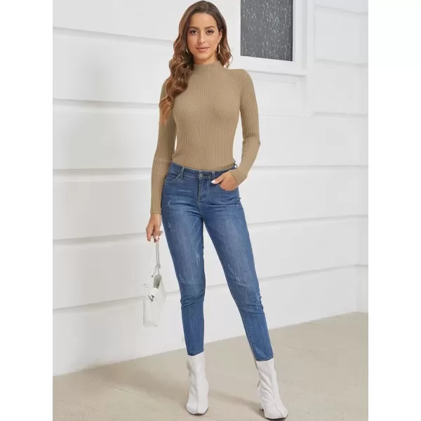 imageATHMILE Womens 2024 Fall Long Sleeve Pullover Ribbed Knit Sweater Low Mock Neck Slim Fit Basic Casual Tee TopsToffee