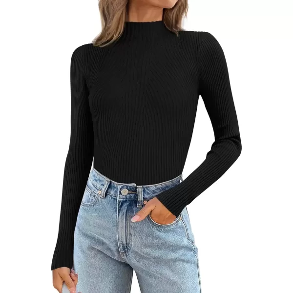 imageATHMILE Womens 2024 Fall Long Sleeve Pullover Ribbed Knit Sweater Low Mock Neck Slim Fit Basic Casual Tee TopsBlack