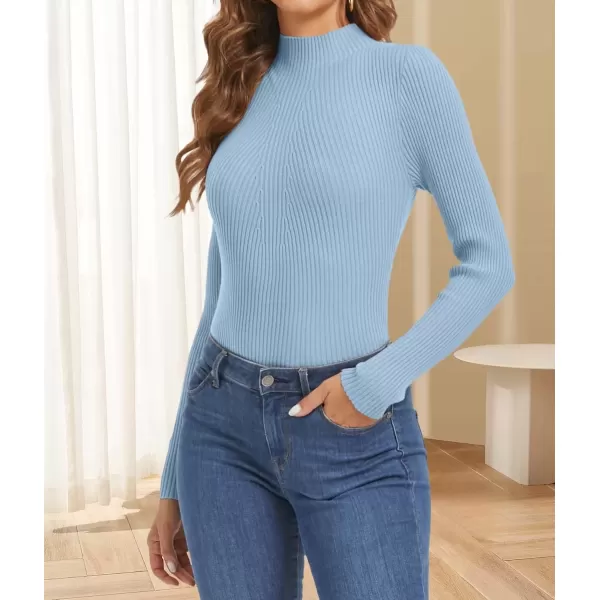imageATHMILE Womens 2024 Fall Long Sleeve Pullover Ribbed Knit Sweater Low Mock Neck Slim Fit Basic Casual Tee TopsSky Blue