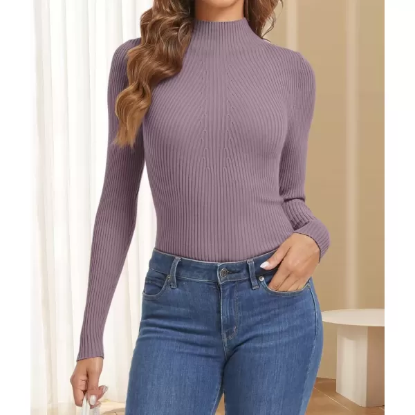imageATHMILE Womens 2024 Fall Long Sleeve Pullover Ribbed Knit Sweater Low Mock Neck Slim Fit Basic Casual Tee TopsGray Purple