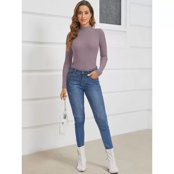 imageATHMILE Womens 2024 Fall Long Sleeve Pullover Ribbed Knit Sweater Low Mock Neck Slim Fit Basic Casual Tee TopsGray Purple