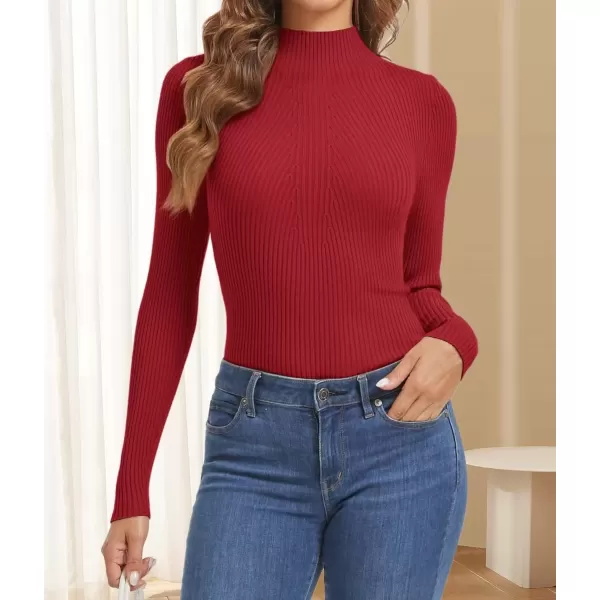 imageATHMILE Womens 2024 Fall Long Sleeve Pullover Ribbed Knit Sweater Low Mock Neck Slim Fit Basic Casual Tee TopsRed