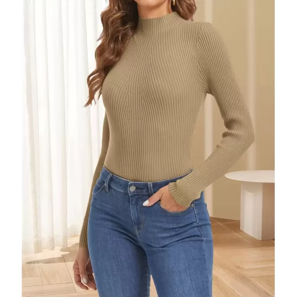 imageATHMILE Womens 2024 Fall Long Sleeve Pullover Ribbed Knit Sweater Low Mock Neck Slim Fit Basic Casual Tee TopsToffee