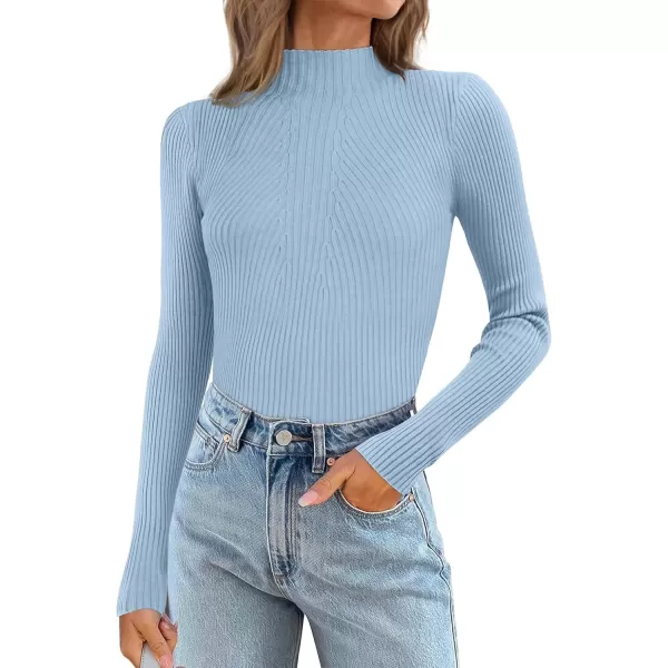 imageATHMILE Womens 2024 Fall Long Sleeve Pullover Ribbed Knit Sweater Low Mock Neck Slim Fit Basic Casual Tee TopsSky Blue