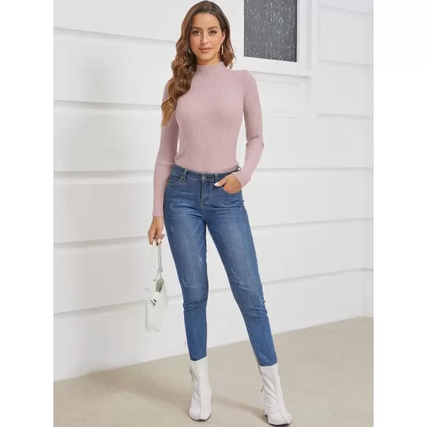 imageATHMILE Womens 2024 Fall Long Sleeve Pullover Ribbed Knit Sweater Low Mock Neck Slim Fit Basic Casual Tee TopsPink