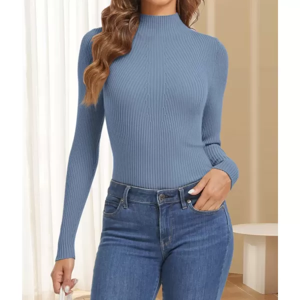 imageATHMILE Womens 2024 Fall Long Sleeve Pullover Ribbed Knit Sweater Low Mock Neck Slim Fit Basic Casual Tee TopsDusty Blue