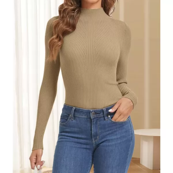 imageATHMILE Womens 2024 Fall Long Sleeve Pullover Ribbed Knit Sweater Low Mock Neck Slim Fit Basic Casual Tee TopsToffee