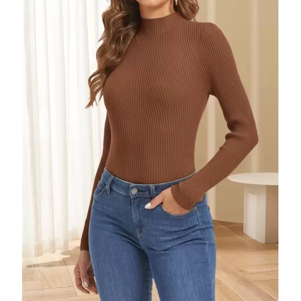 imageATHMILE Womens 2024 Fall Long Sleeve Pullover Ribbed Knit Sweater Low Mock Neck Slim Fit Basic Casual Tee TopsBrown