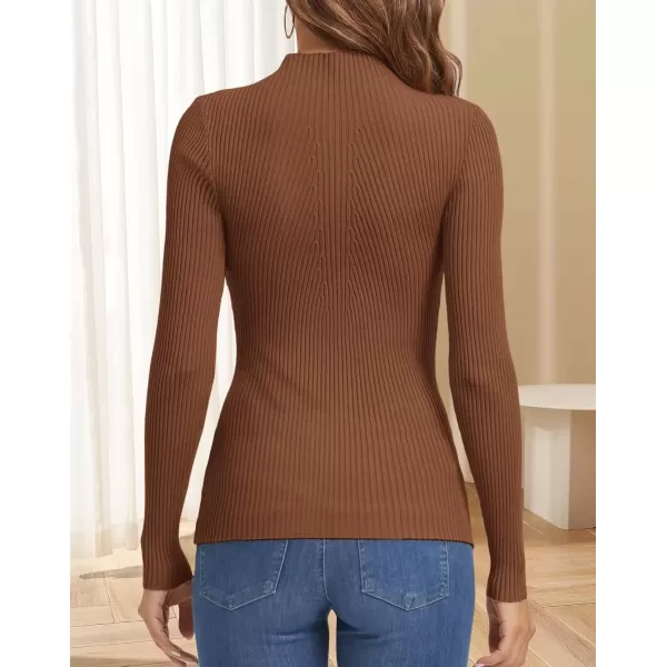 imageATHMILE Womens 2024 Fall Long Sleeve Pullover Ribbed Knit Sweater Low Mock Neck Slim Fit Basic Casual Tee TopsBrown