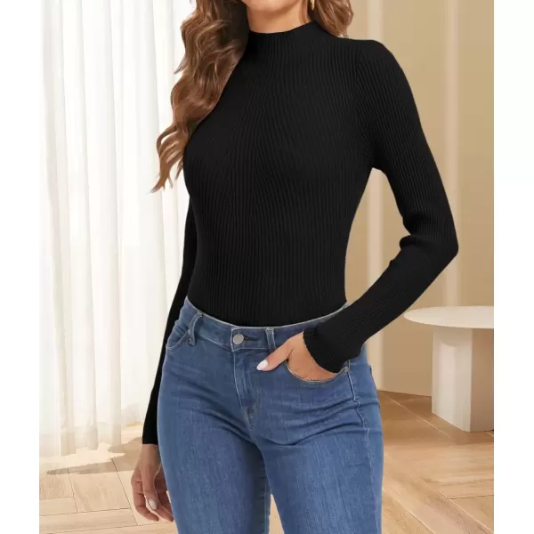 imageATHMILE Womens 2024 Fall Long Sleeve Pullover Ribbed Knit Sweater Low Mock Neck Slim Fit Basic Casual Tee TopsBlack