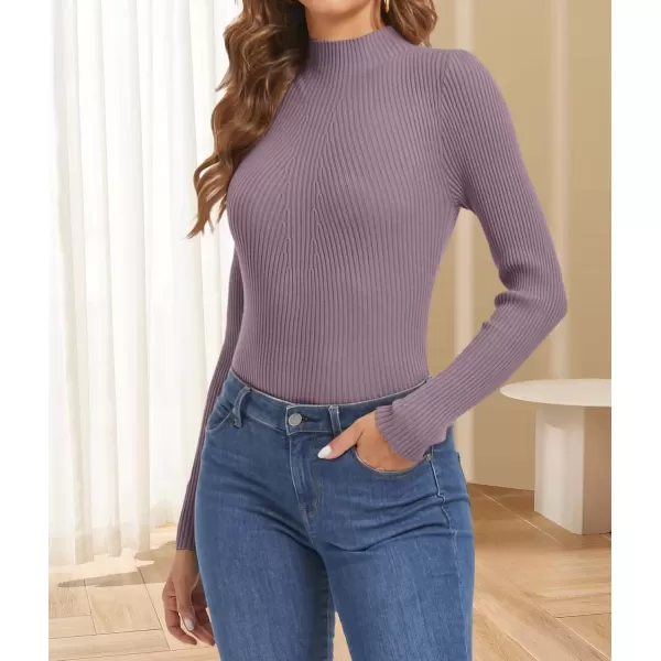 imageATHMILE Womens 2024 Fall Long Sleeve Pullover Ribbed Knit Sweater Low Mock Neck Slim Fit Basic Casual Tee TopsGray Purple