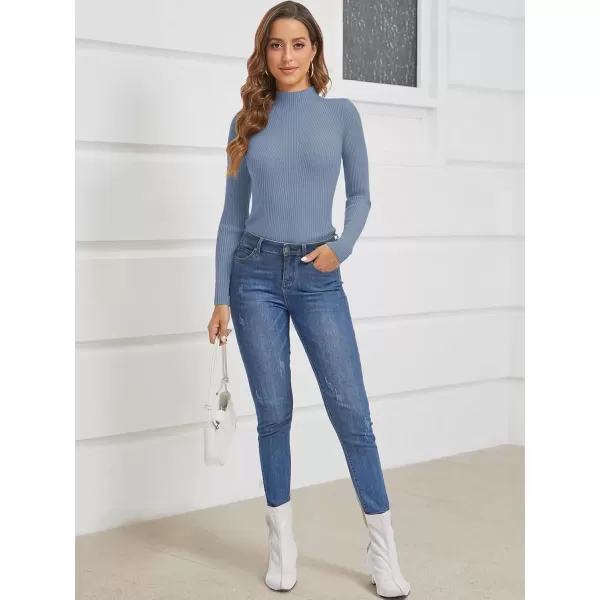 imageATHMILE Womens 2024 Fall Long Sleeve Pullover Ribbed Knit Sweater Low Mock Neck Slim Fit Basic Casual Tee TopsDusty Blue