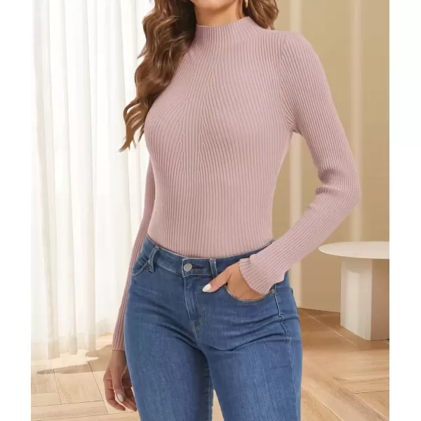imageATHMILE Womens 2024 Fall Long Sleeve Pullover Ribbed Knit Sweater Low Mock Neck Slim Fit Basic Casual Tee TopsPink