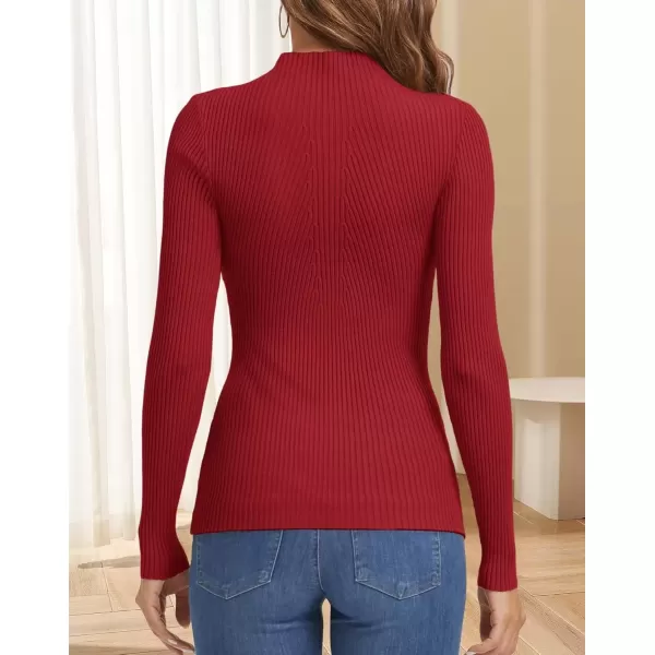 imageATHMILE Womens 2024 Fall Long Sleeve Pullover Ribbed Knit Sweater Low Mock Neck Slim Fit Basic Casual Tee TopsRed