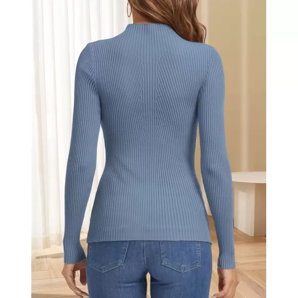 imageATHMILE Womens 2024 Fall Long Sleeve Pullover Ribbed Knit Sweater Low Mock Neck Slim Fit Basic Casual Tee TopsDusty Blue